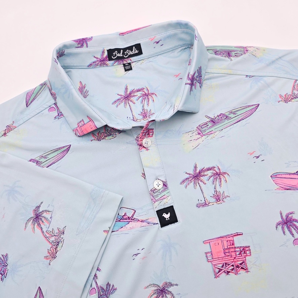 Bad Birdie Men XL Golf Polo Shirt Light Blue Tropical Yacht Rock Palm Tree Print